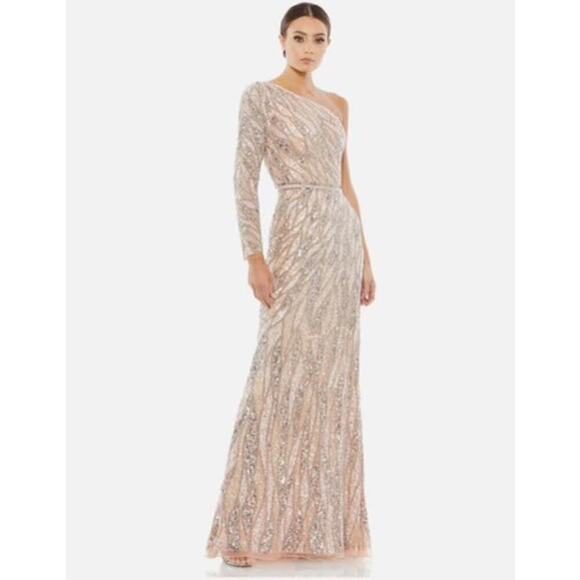 MacDuggal One Shoulder Sequin Gown Maxi in Pink/Silver Size 8 Beaded Long Sleeve - Picture 1 of 9